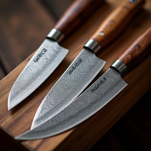 木製のブロックに並んだ、ダマスカス鋼の模様が美しい職人製ナイフのセット。