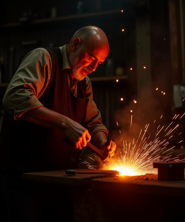 火花が散る伝統的な鍛冶場で、職人が金属を鍛えている様子。