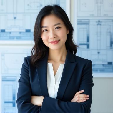 設計図の前でポーズをとる、自信に満ちた女性エンジニアの鈴木花子氏。