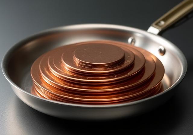 銅の層が見える、多層構造のフライパンの断面クローズアップ。