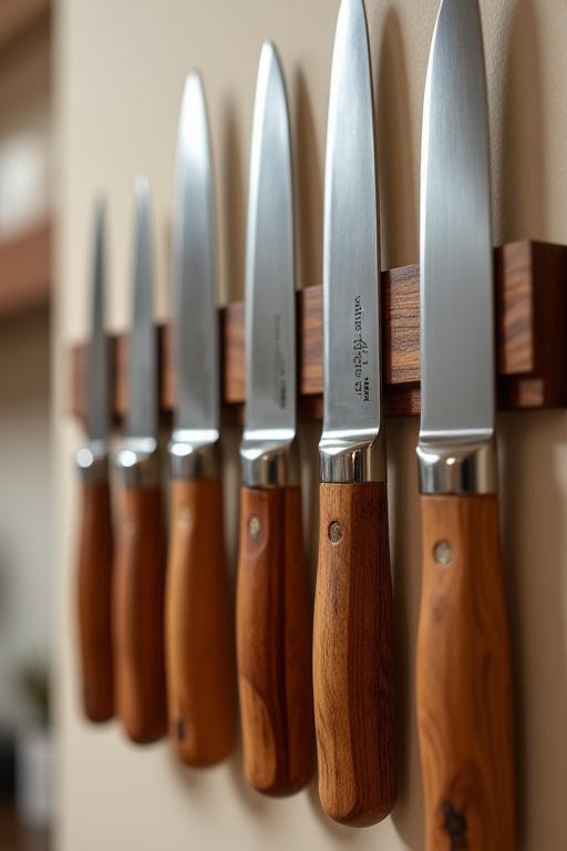 磁気ストリップに飾られた、木製のハンドルが美しいカスタムナイフセットのディテール。