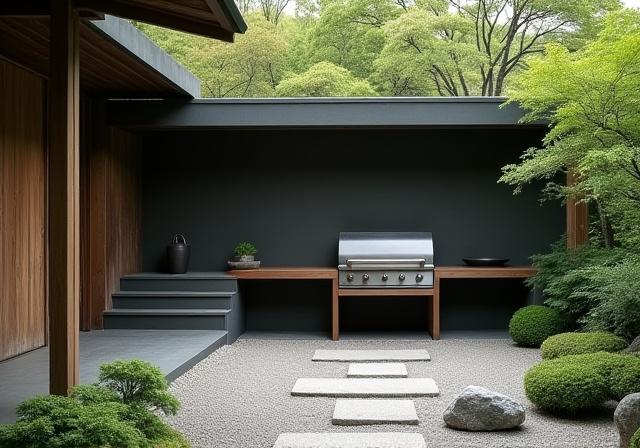 日本の庭園にシームレスに溶け込む、ミニマリストデザインの屋外グリルステーション。