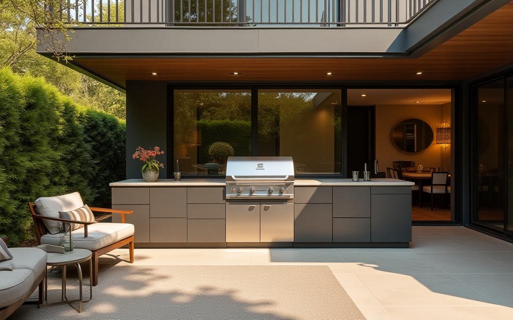 モダンなパティオに設置されたZenith Grillworksのオーダーメイドグリルのワイドショット。