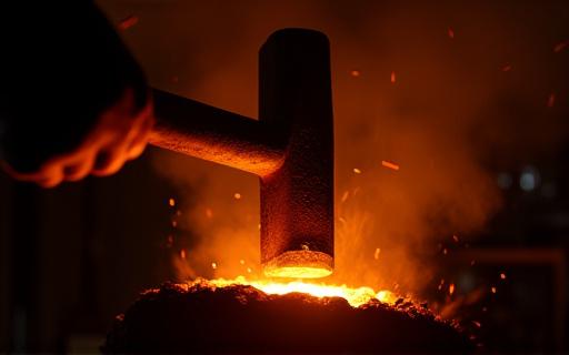 職人が真っ赤に熱した金属をハンマーで叩いているクローズアップ。