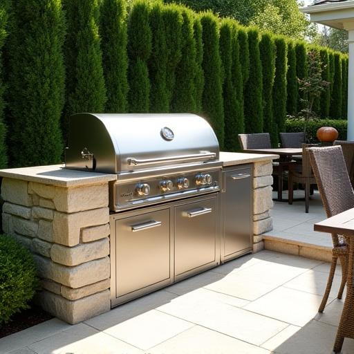 豪華な庭に設置された、特注のステンレス製ビルトイングリルのデザイン。