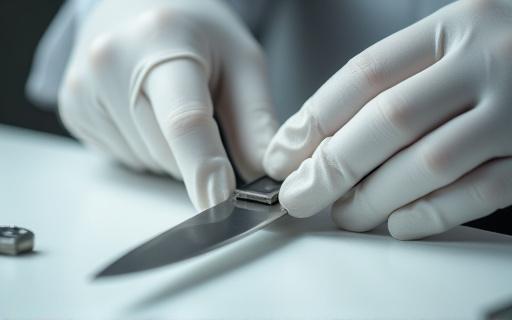 白い手袋をした検査官が完成したナイフの刃を注意深く確認している。