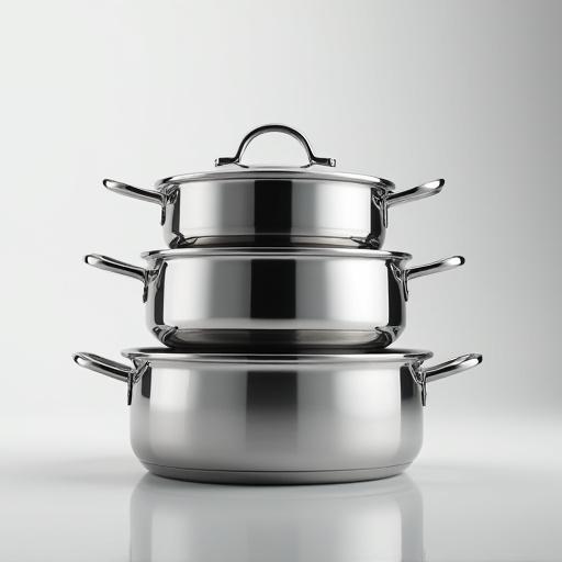 積み重ねられた精密加工のステンレス製調理器具のセット。