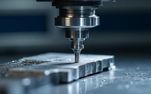 CNCマシンが金属部品を精密に削り出している様子。