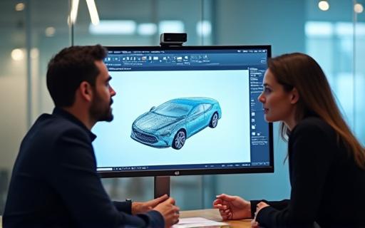 デザイナーがクライアントと3Dモデルを見ながら打ち合わせをしている。