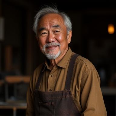 作業着姿で微笑む、ベテラン鍛冶職人の田中三郎氏のポートレート。